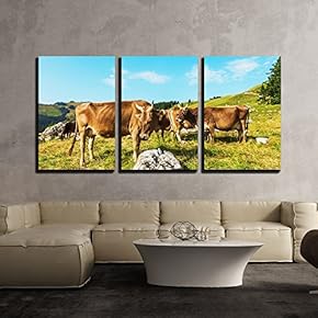 3 Piece Canvas Wall Art - Cows Grazing in a Typical Alpine Landscape - Modern Home Art Stretched and Framed Ready to Hang - 16"x24"x3 Panels