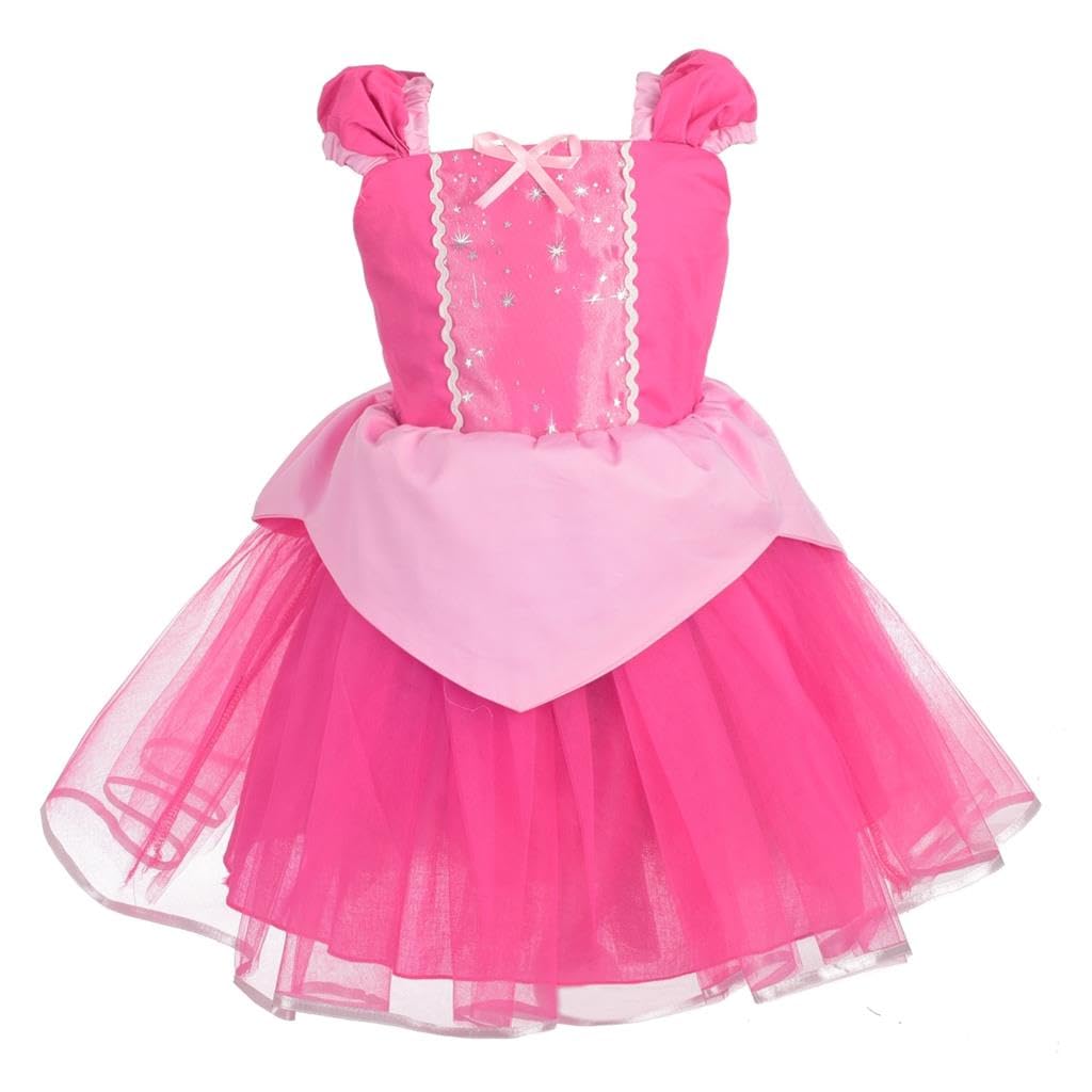 Lito Angels Sleeping Beauty Princess Aurora Fancy Dress Up Costume for Kids Girls, Birthday Party Tulle Skirt Summer Outfit, Age 6-7 Years, Hot Pink
