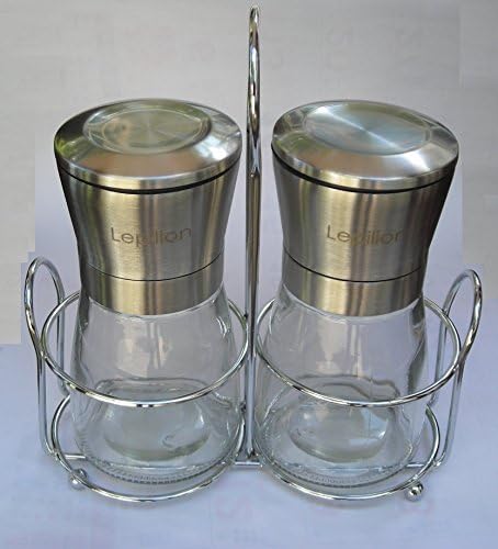 Lepilion Brushed Stainless Steel Salt and Pepper Grinders Shakers Pair with Matching Stand - Adjustable Coarseness Spice Rotor | Glass Body | Salt Mill and Pepper Mill