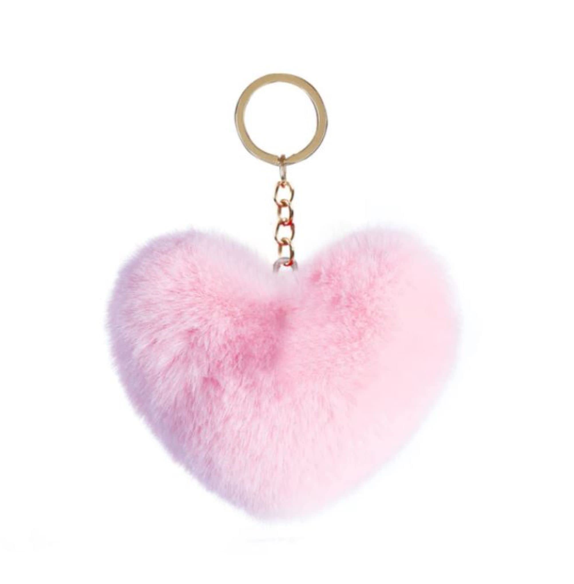 CrownOfRibbons Fluffy Heart Keyring, Womens Bag Charm, Pink Plush Keychain, Luggage Accessory