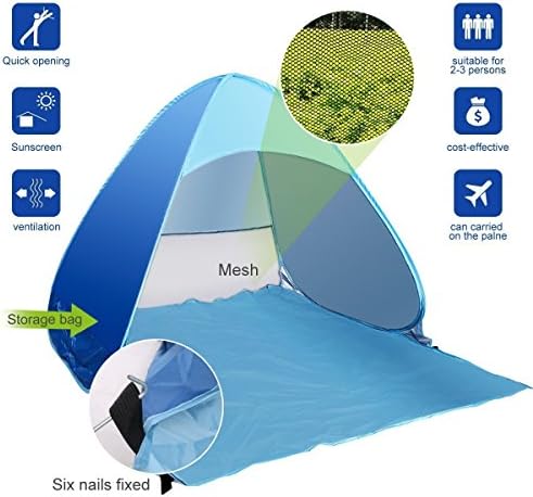 Hizing Automatic Pop Up Instant Portable Outdoors Quick Cabana Beach Baby Tent 2-3 Person Camping Fishing Hiking Picnicing Anti UV Beach Tent Beach Shelter with Extended Floor,Carrying bag（Blue）