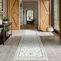 Hazo Haus Oushak 3x10 Wide Hallway Runner Rug - Vintage Turkish Floral, Washable Low Pile Non Slip 10ft Long Runners for Kitchen, Hall Way - Light Blue and Green