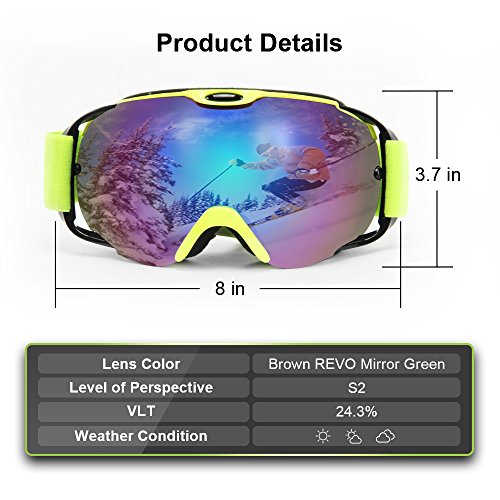 MeeQee Ski Goggles, Snow Sports Goggles Over Glasses for Men & Women, Anti-fog 100% UV Protection Ski Glasses Helmet Compatible Snowboard Goggles with Detachable Lens & Strap - Brown REVO Mirror Green - Thumbnail 3