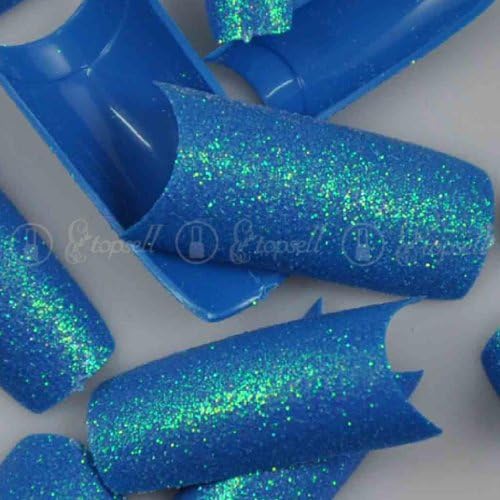 100 pcs Stunning Glitter Blue False French Acrylic Nail Art Tips with Free Nail Glue