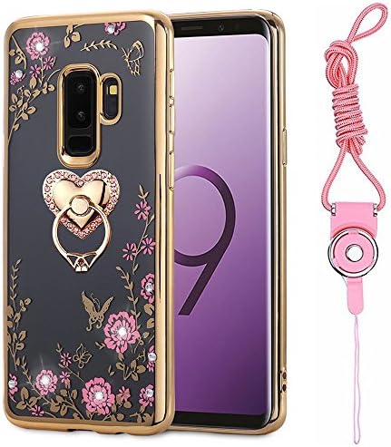 Galaxy S9 Plus Case, ZHFLY Shockproof Transparent Flowers Crystal Bumper Silicone TPU Gel Clear Bling Protective Rubber Soft Case Cover for Samsung Galaxy S9 Plus, Gold + Heart Ring + Lanyard