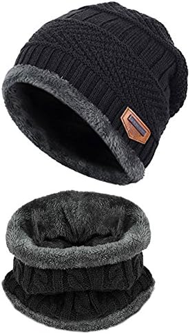 2-Pieces Unisex Winter Knit Beanie Caps and Circle Scarf, Warm Fleece Lined Hat Scarf Set for Men Women (Adult, Black)