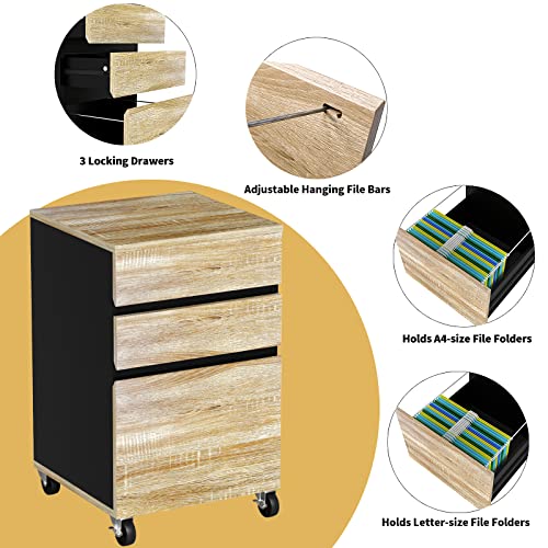 YITAHOME 3 Drawer Mobile File Wood Filing for Home