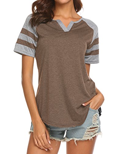 Locryz Women's Summer Short Sleeve Striped Blouse Junior Casual T-Shirt Tops (M, Coffee)