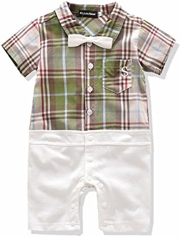 Baby Boys Gentleman Romper Bowtie Jumpsuit Plaid Outfit 3 Colors (70(3-6m), Green)