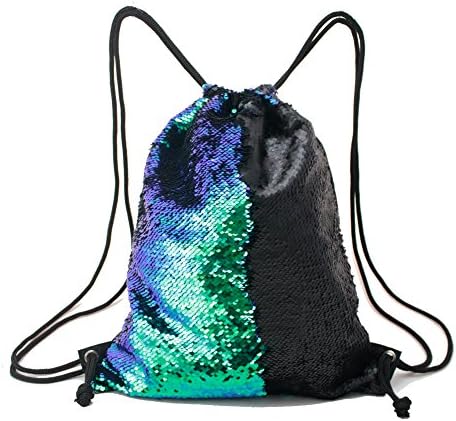 Donsane Mermaid Bag Reversible Sequin Drawstring Backpack Outdoor Dance Sport Cinch Bag,Fancy Green/Black