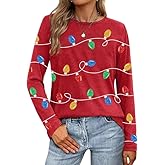 Christmas Shirts for Women Funny Christmas Hawaiian Long Sleeve Xmas Gifts Graphic Print Tee Tops
