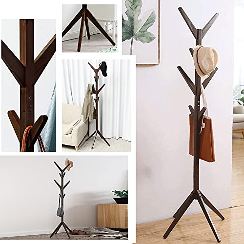 Coat Rack,Robust and Stable Coat Hanger Stand with 8 Hooks and 4-Legged Base, Wooden Hanger Rack Used in Indoor Places Such as Bedrooms(Pine Wood, Coffee)
