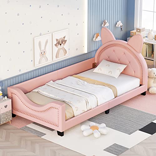 Kids Twin Size Upholstered Bed with Carton Ears Shaped Headboard