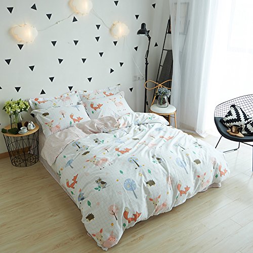 BuLuTu Animal Duvet Cover Twin White 100% Cotton,3 Pieces Woodland Kids Bedding Sets Twin for Boys Girls,Hedgehog Fox Deer Owl Print Twin Duvet Cover and 2 Pillowcases,No Comforter - Thumbnail 3