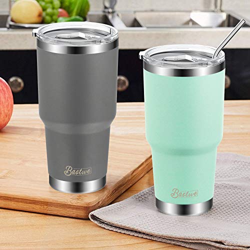 4 Pack 30oz Vacuum Insulated Tumblers, Bastwe Double Wall Stainless Steel Travel Tumblers with Lids and Straws for Home, Office, School, Works Great for Ice Drink, Hot Beverage (Seafoam + Gray)