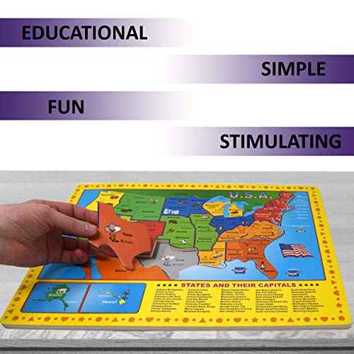 USA Map Wooden Puzzle - 17 Large Jigsaw Puzzle Board, Learn Geography of United States of America and Capitals, Educational Fun Learning Toy for Kids Girls and Boys