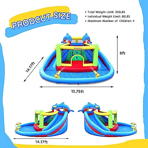 Causeair Inflatable Water Slide with Bounce House,Dolphin Styling,Splashing Pool,Double Water Cannon,Climbing Wall,Heavy Duty GFCI Blower,Inflatable Water Park Slide for Kids Backyard Summer