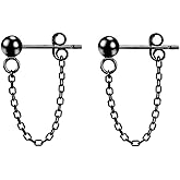 Reffeer Minimalist Ball Earrings with Chain Dangle Earrings for Women Teens Dangle Earrings Studs Cute Solid 925 Sterling Silver Earrings