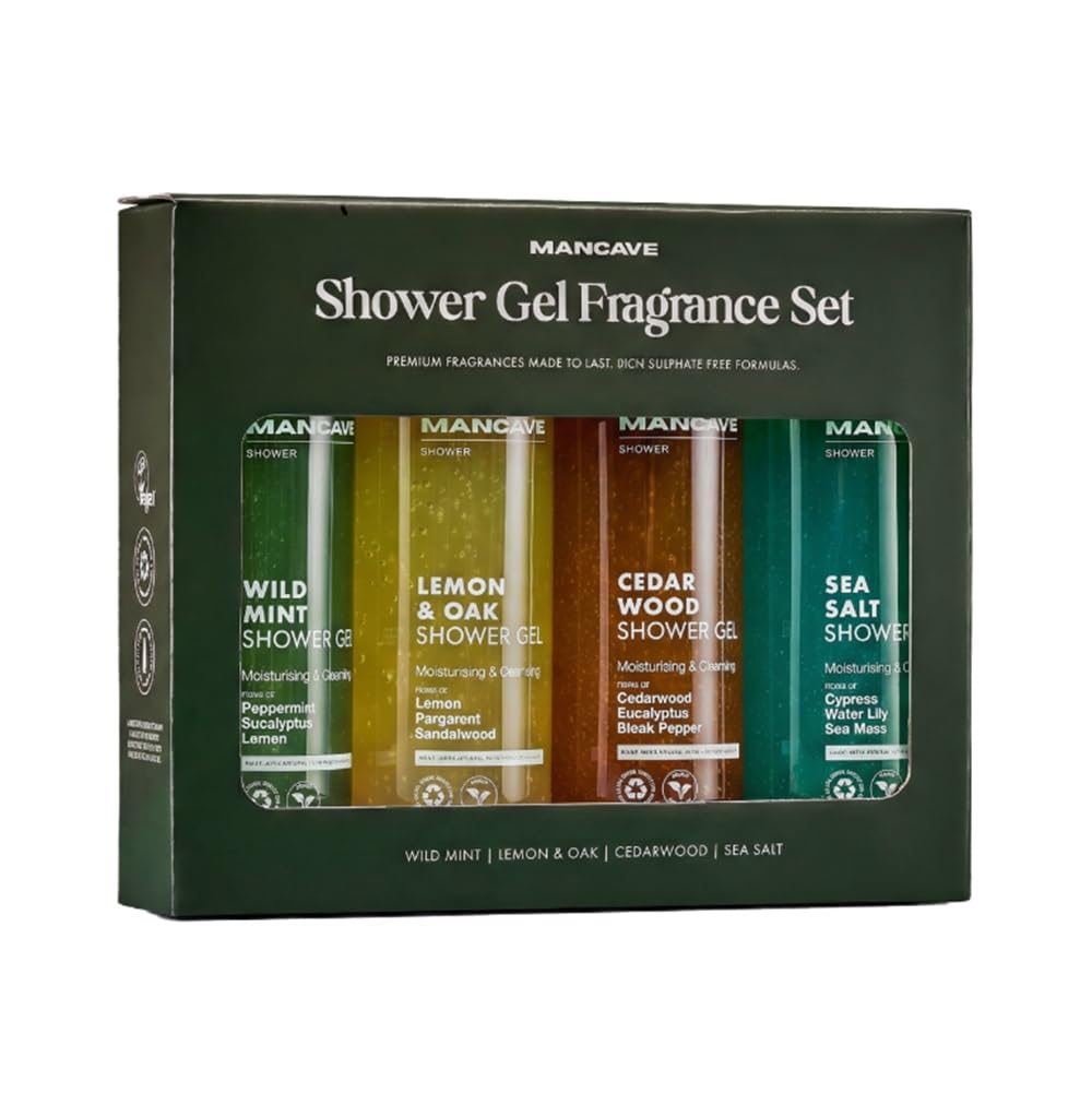 Mancave Men's Ultra-Premium Shower Gel Fragrance Gift Set, 4 x 500ml Natural Sulphate Free Shower Gels: Wild Mint, Lemon & Oak, Cedarwood and Sea Salt fragrances, Vegan Friendly, Packaging May Vary