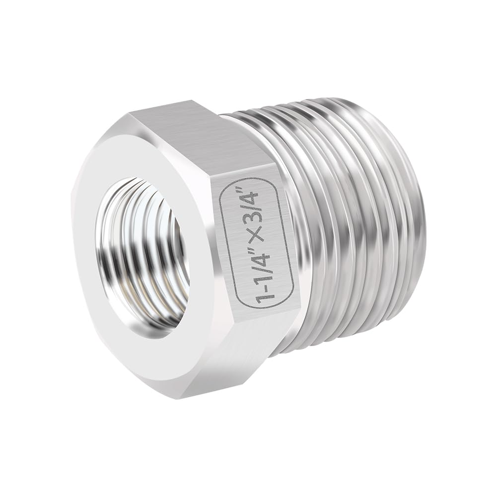 Quickun Stainless Steel Reducer Hex Bushing, 1-1/4" Male NPT to 3/4" Female NPT, Reducing Bushing Pipe Hose Fitting( Pack of 1)