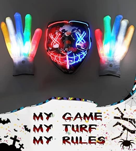 STONCH Halloween Glow Mask Skeleton Gloves Set, 3 Modes Light Up Scary LED Mask with LED Glow Gloves, Halloween Costumes glow purge Masks