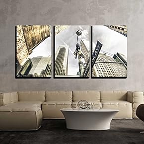 3 Piece Canvas Wall Art - Bottom-Up View of New York Skyscrapers, U S a - Modern Home Art Stretched and Framed Ready to Hang - 16"x24"x3 Panels