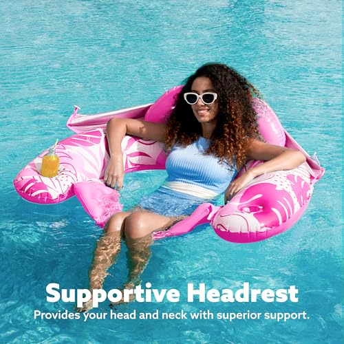SLOOSH Pool Floats with Canopy Adult,XL Inflatable Pool Lounge Chairs with Cup Holders,Floating Chair for Adults,Inflatable Floaties with Headrest for Party Beach Summer Water Fun,Pink