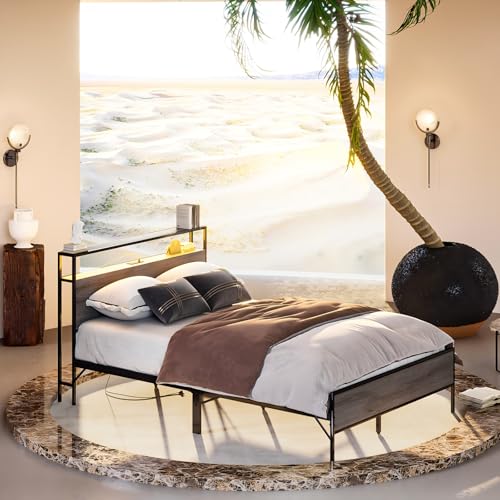 Simple Wisdom Cama Matrimonial 1.4 M con Base y Cabecero de Almacenamiento, 2 Salidas de Carga y 2 Puertos USB y Luces LED(Gris)