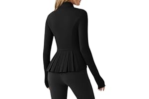 Fisoew Women's Zip Up Workout Jacket Pleated Lightweight Slim Fit Stand Collar Thumb Hole Tops with Pockets