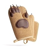 Heat Resistant Oven Mitts & Pot Holder Kitchen Set by Toem - Includes 2 Bear Paw Silicone Padded Oven Gloves, 1 Terry Cloth Pot Holder & Free Self Adhesive Hook