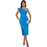 Angel-fashions Women Elegant One Shoulder Cocktail Dress Ruffles Ruched Formal Dresses Slit Party Mid-Calf Dress