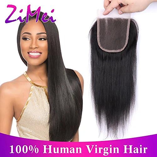 ZiMei Straight Lace Closure Human Hair 4x4 3 Way Part Brazilian Virgin Hair Closure Piece with Baby Hair Natural Black 1B Color 8"