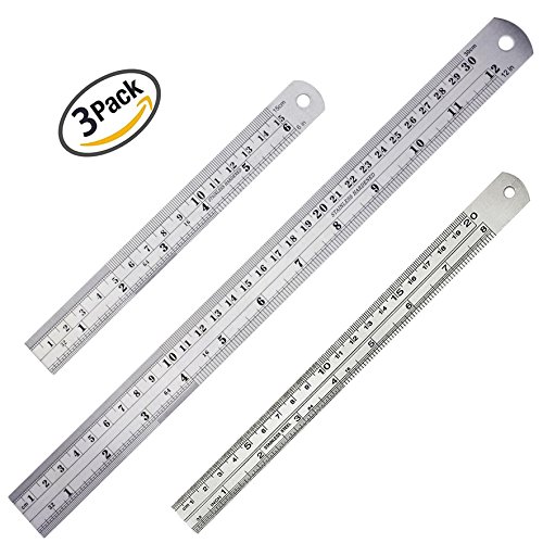 Stainless Steel Ruler 12"(30cm) + 8"(20cm)+ 6" (15cm) Straight Edge Metal Ruler Set For Engineering Office And School (3 pack rule)