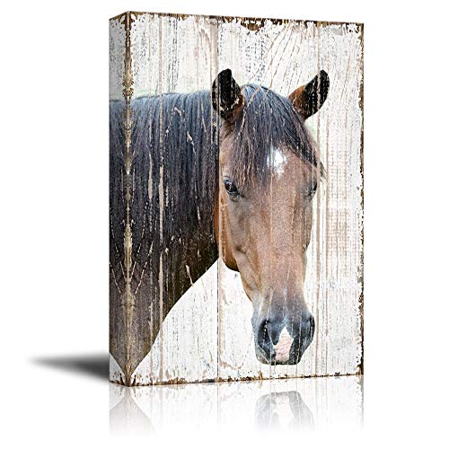 Canvas Prints Wall Art - Canvas Print Wall Art - Head of a Horse on Rustic Style Wood Background - Gallery Wrap Modern Home Decor | Ready to Hang - 16