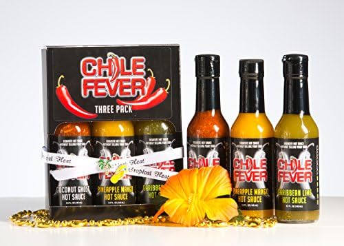 TROPICAL HEAT Sweet With Heat Gourmet Hot Sauce, Red Hot Coconut and 2 Milder Fruity, Pineapple Mango or Caribbean Lime in this CHILE FEVER Hot Pepper Sauce Standard in the Kitchen