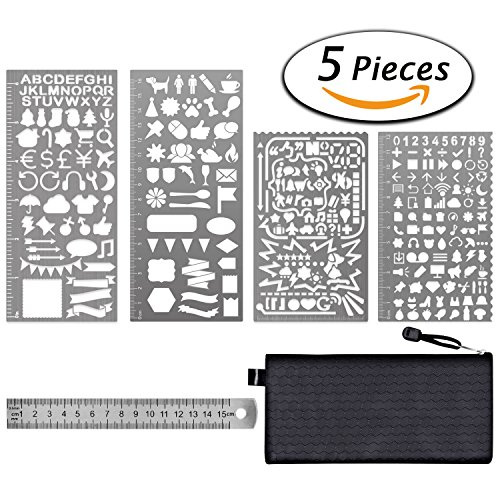 Paxcoo 5 Pcs Stainless Steel Journal Stencils with Templates Ruler for Bullet Journal Diary Planner Drawing Painting