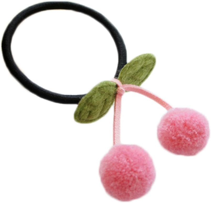 Vikenner Elastic Cherry Hair Tie Bands Plush Pom Pom Ball Hair Rope Bobbles Rubber Band Ponytail Holders for Women Baby Girls - Pink
