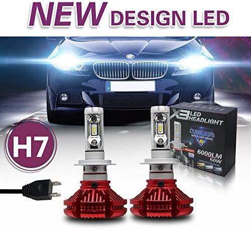 Jiuguang Pair 9005/9006/H4/H11 LED Headlight Bulbs X3 Version ZES Chip 2nd Generation -50W 12000LM/pair IP68 200m Range Hi/Lo Beam (H7, Red)