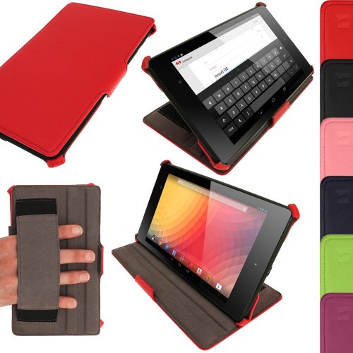 iGadgitz Premium Executive Red PU Leather Case Cover for Google Nexus 7 FHD 2013 Model 2nd Generation With Auto Sleep Wake + Hand Strap + Multi Angle Viewing Stand + Screen Protector