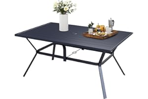 Anmutig 6-Person Outdoor Metal Steel Slat Dining Rectangle Table with Adjustable Umbrella Hole, Weather-Resistant for Patio Outdoor Use, Black