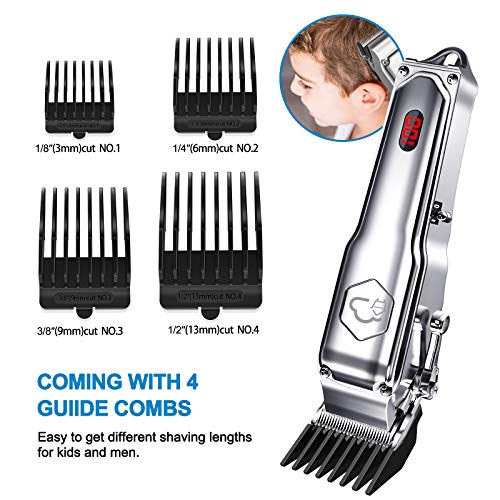 GERFENNY Cordless Hair Clippers for Men Professional, Cordless Hair Trimmers Rechargeable for Hair Cutting with LED Display, USB Qucik Charge Waterproof Mens Hair Clippers Silver