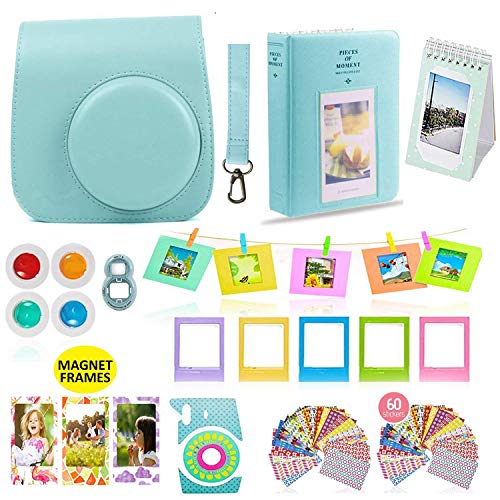 Fujifilm Instax Mini 9 or Mini 8 Instant Camera Accessories Bundle 11 Piece Gift Set Kit Includes BLUE Case with Strap, Albums, Filters, Selfie lens, Hanging + Creative Frames, 60 stickers & More