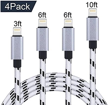 Yian iPhone Cable 4Pack 3FT 6FT 6FT 10FT Nylon Braided Certified Lightning to USB iPhone Charger Cord for iPhone 8 7 Plus 6S 6 SE 5S 5C 5, iPad 2 3 4 Mini Air Pro, iPod Nano 7- White