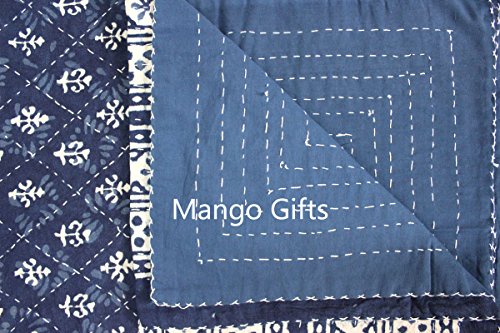 Mango Gifts Indigo Kantha Work Bedspread Queen Size Block Print 100%Cotton Gudari