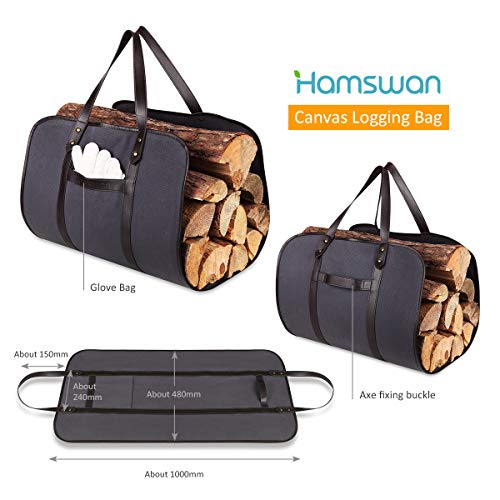 Waxed Canvas Firewood Carrier, HAMSWAN Fireplace Sturdy Wood Carring Bag with Handles Gloves for Camping Indoor Firewood Logs Tote Holder Birchwood Stand