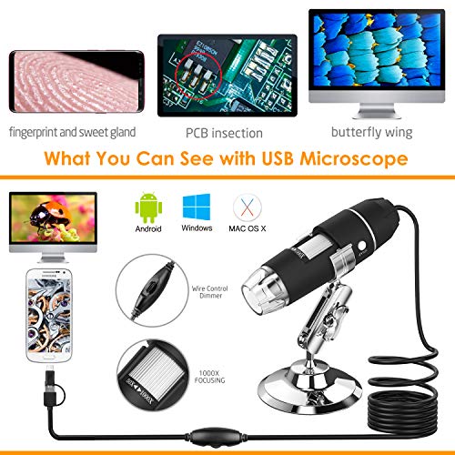 USB Microscope, Splaks 1000x High Power USB Digital Microscope 3 in 1 PCB Microscope Camera with 8 Led Lights and Microscope Stand for Kids Compatible with Windows, Android and Mac