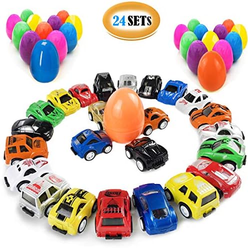 COOLWAS Toy Filled Easter Eggs, 2.5 Inches Bright Colorful Prefilled Plastic Easter Eggs with Pull Back Vehicles