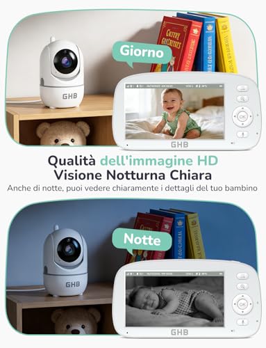 GHB Baby Monitor Video and Audio 5'' 720P Screen 5000mAh, 350°/110°, Temperature Detection, VOX, Bidirectional Intercom, Integrated Lullaby