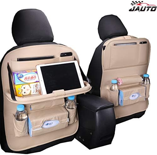 JAUTO Car Back Seat Organizer with Foldable Table Tray, PU Leather Car Back Seat Organizer for Kids Toy Bottles Storage with Foldable Dining Table Ipad Tablet Holder(Beige with Table Tray 2PC)