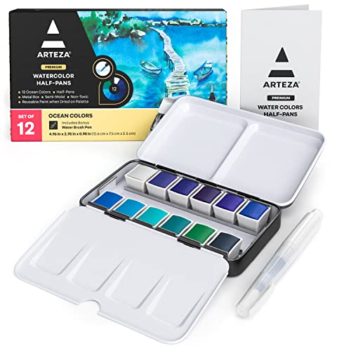 ARTEZA Watercolor Paint Set, 12 Ocean Colors, Half Pans in Travel Tin